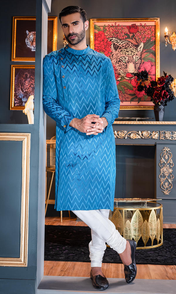Blue Jacquard Kurta Pajama Set (2-Piece) - Image 3
