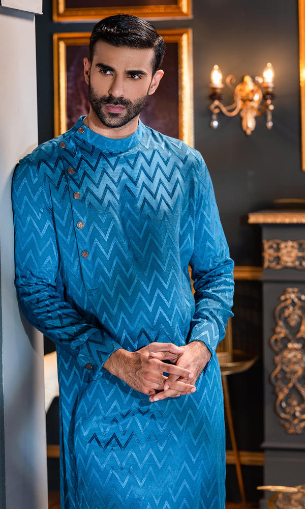 Blue Jacquard Kurta Pajama Set (2-Piece) - Image 4