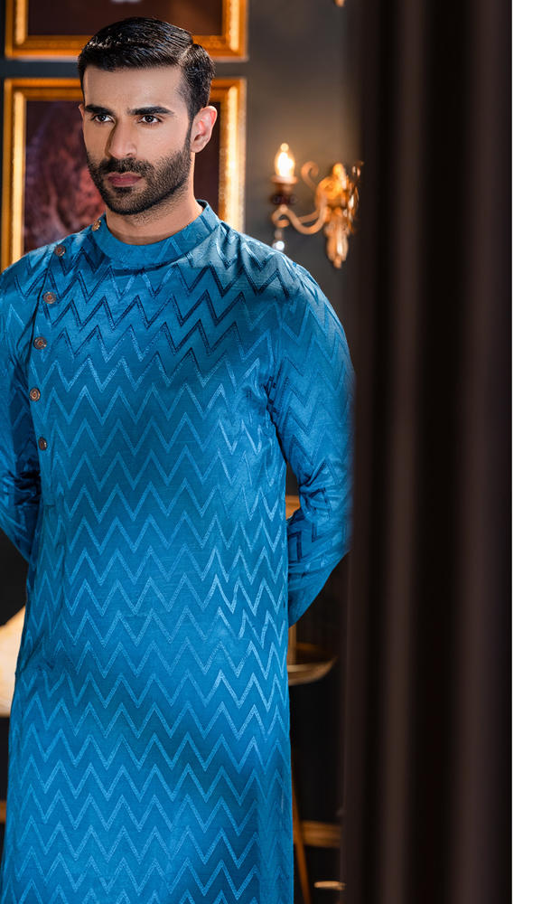 Blue Jacquard Kurta Pajama Set (2-Piece) - Image 5