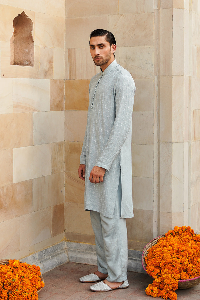 Ice Blue Embroidered Taffeta Silk Kurta Pajama (2-Piece) - Image 3