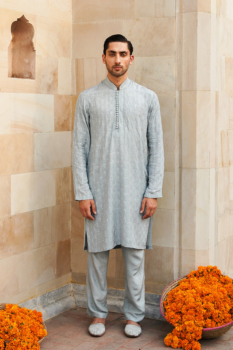 Ice Blue Sequin Taffeta Raw Silk Kurta Pajama (2-Piece) - Image 1