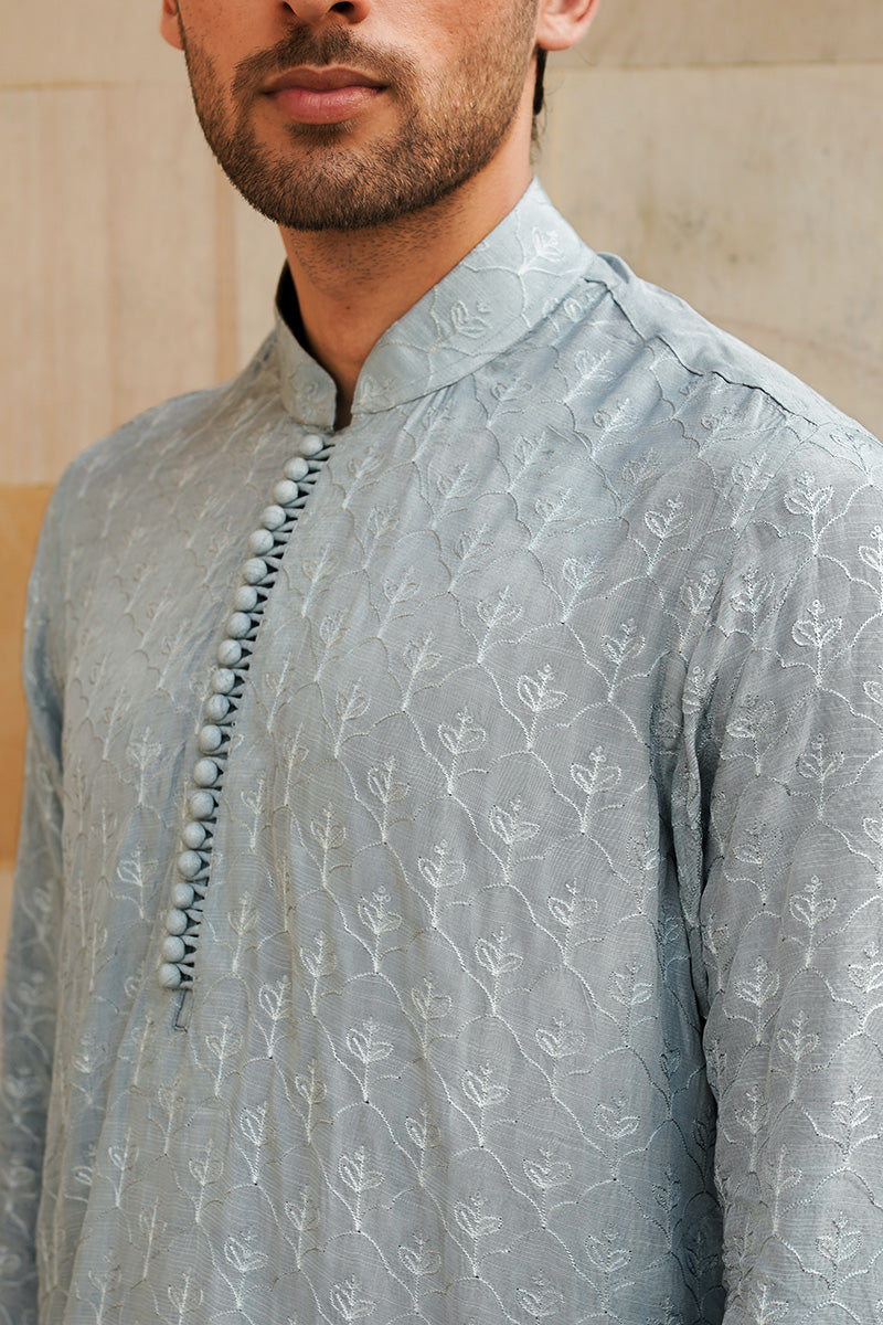 Ice Blue Sequin Taffeta Raw Silk Kurta Pajama (2-Piece) - Image 2