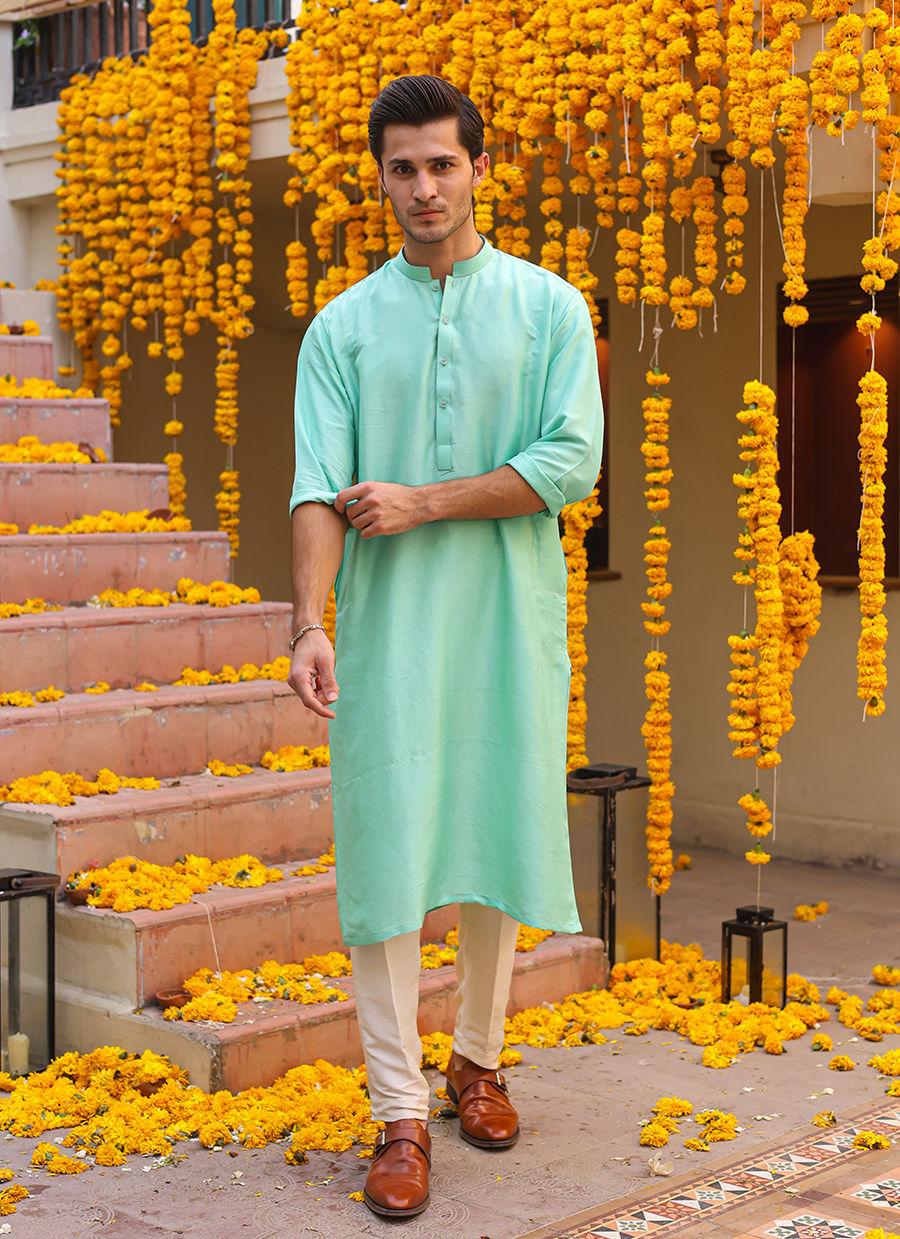 Aqua Raw Silk Kurta (2-Piece) - Image 1
