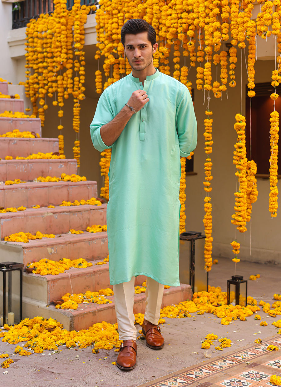 Aqua Raw Silk Kurta (2-Piece) - Image 2