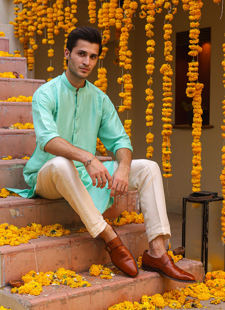 Aqua Raw Silk Kurta (2-Piece) - Image 4