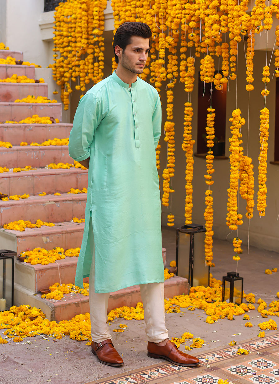 Aqua Raw Silk Kurta (2-Piece) - Image 5