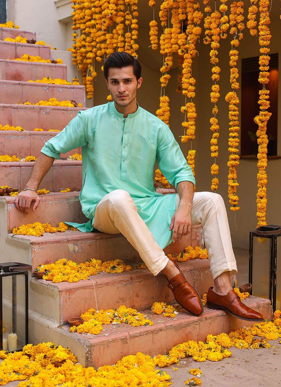 Aqua Raw Silk Kurta (2-Piece) - Image 6