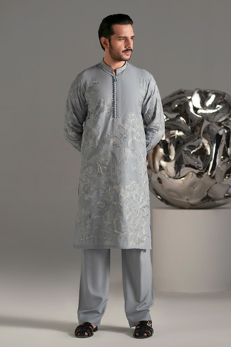 Ice Blue Resham Embroidered Silk-Blend Kurta Pajama (2-Piece) - Image 10