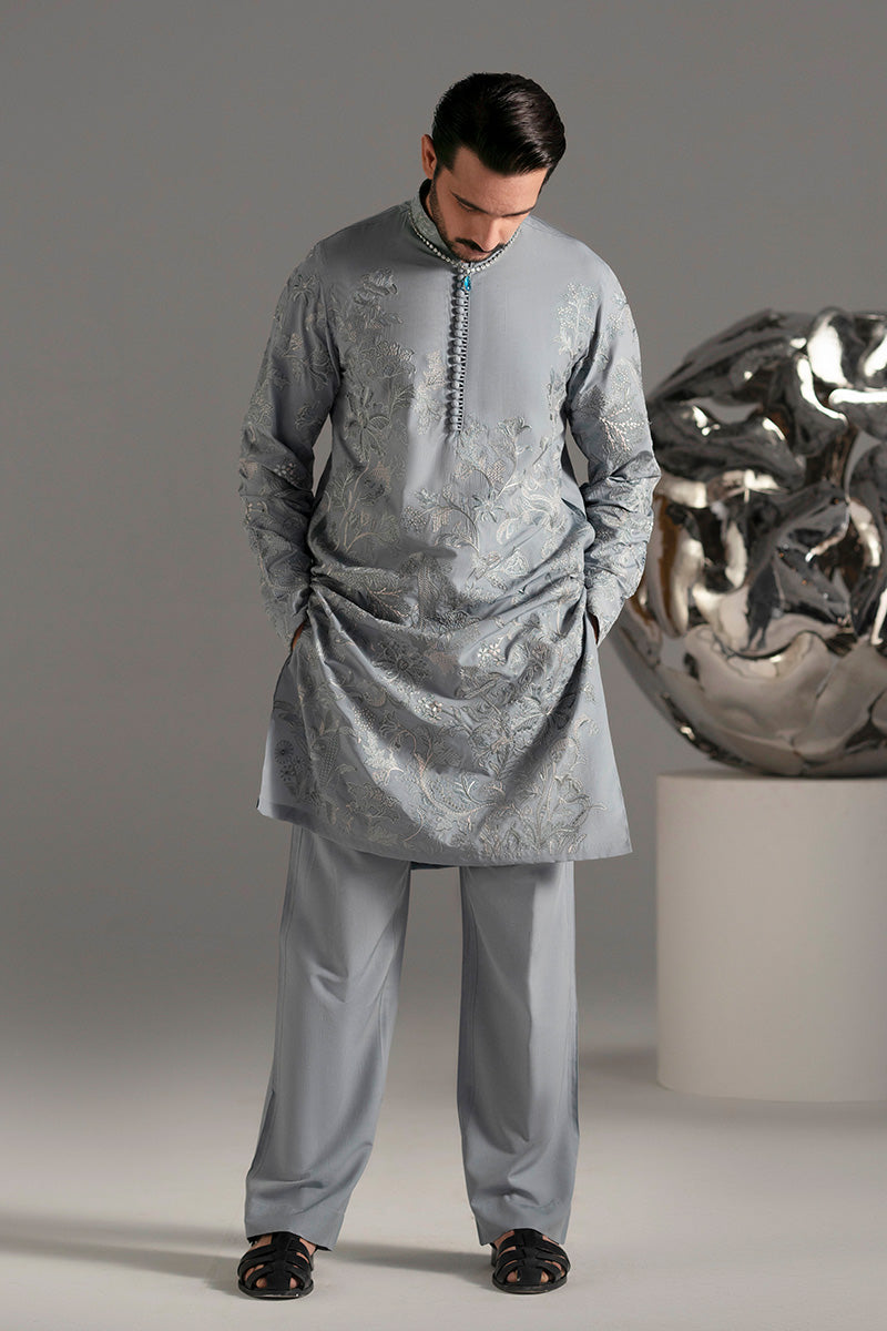 Ice Blue Resham Embroidered Silk-Blend Kurta Pajama (2-Piece) - Image 11