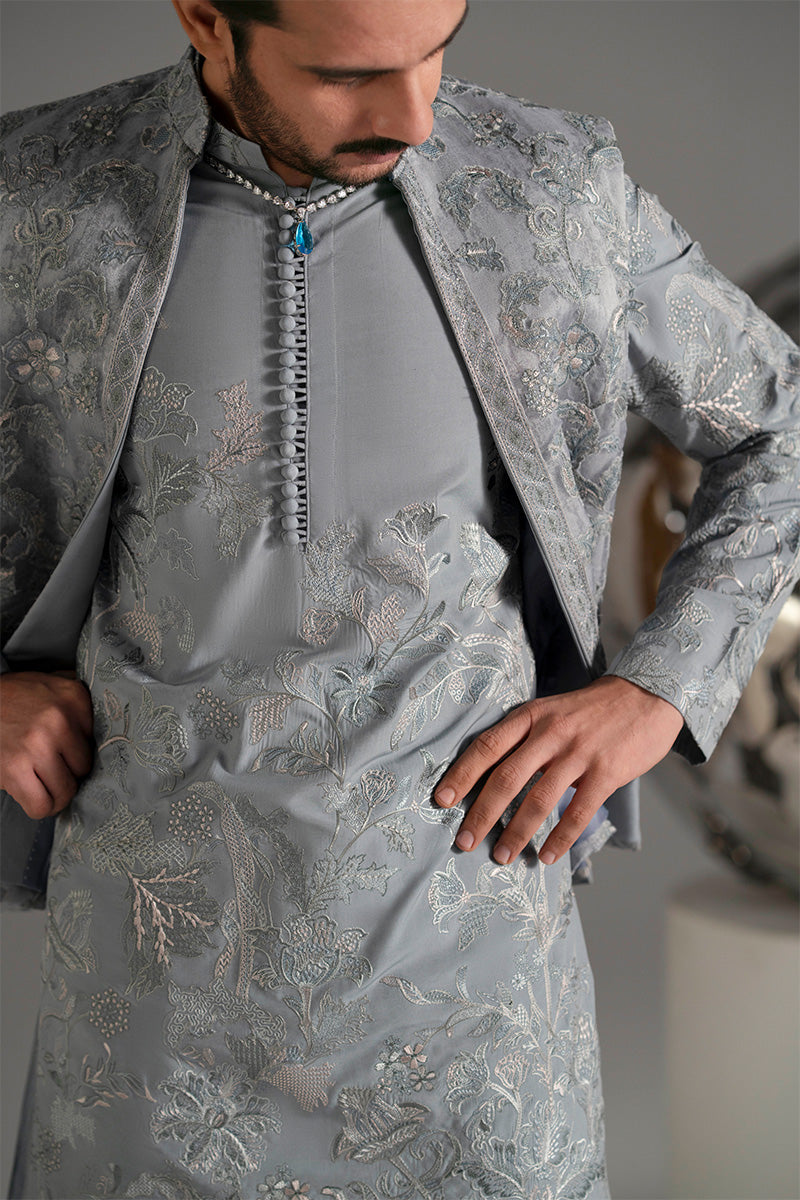 Ice Blue Resham Embroidered Silk-Blend Kurta Pajama (2-Piece) - Image 12