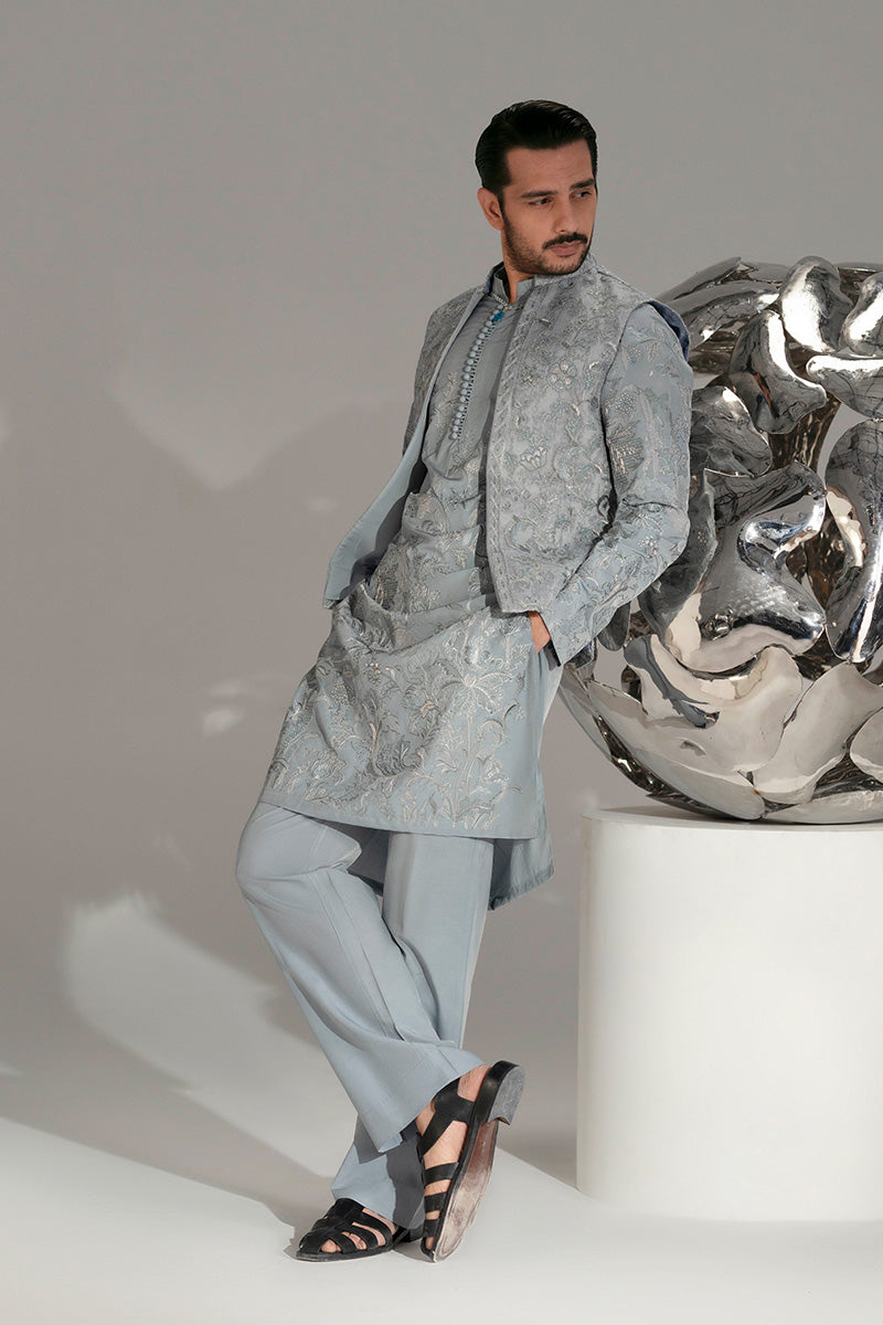 Ice Blue Resham Embroidered Silk-Blend Kurta Pajama (2-Piece) - Image 15