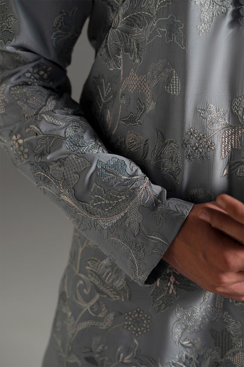 Ice Blue Resham Embroidered Silk-Blend Kurta Pajama (2-Piece) - Image 16