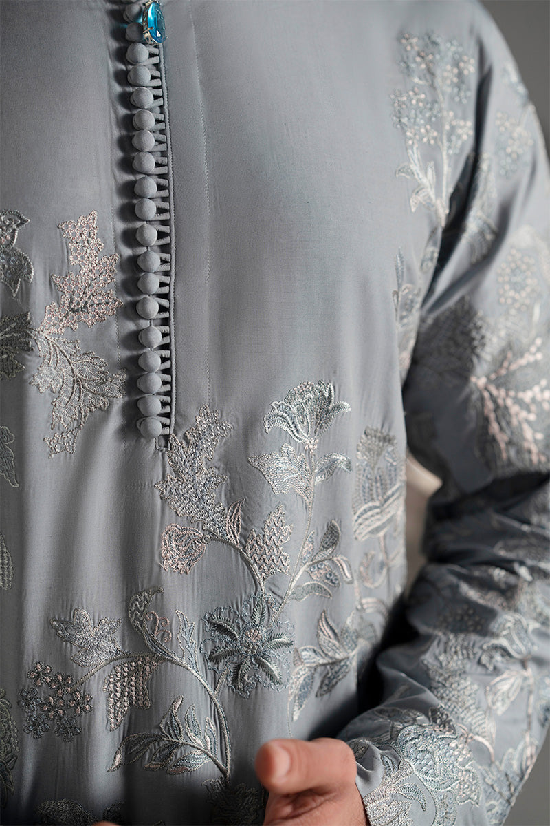 Ice Blue Resham Embroidered Silk-Blend Kurta Pajama (2-Piece) - Image 2