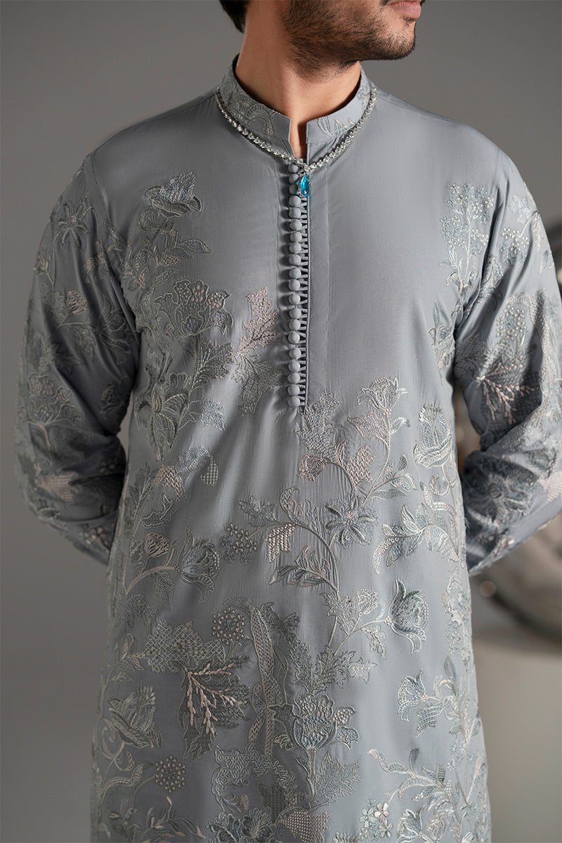 Ice Blue Resham Embroidered Silk-Blend Kurta Pajama (2-Piece) - Image 4