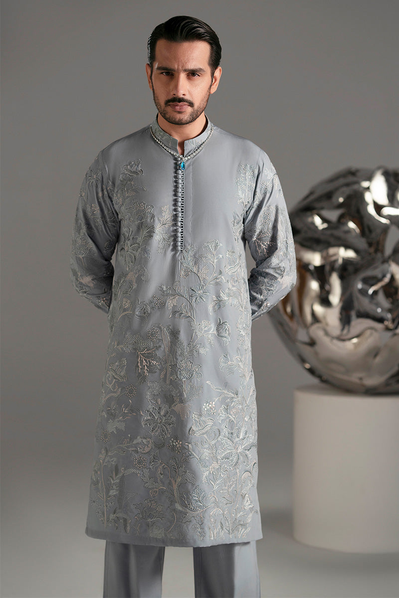 Ice Blue Resham Embroidered Silk-Blend Kurta Pajama (2-Piece) - Image 7