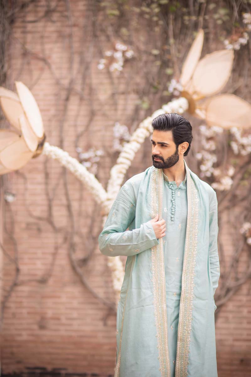Ice Blue Embroidered Raw Silk Kurta Set (3-Piece) - Image 1