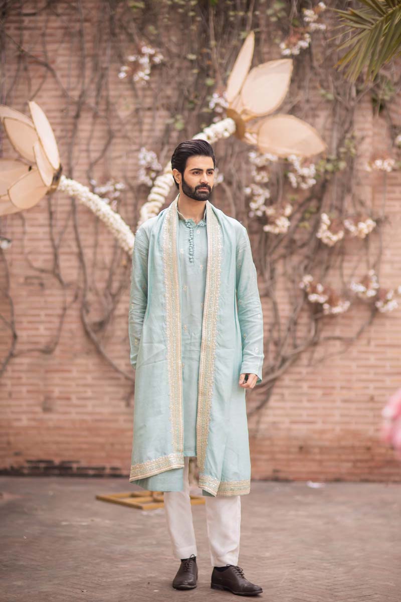 Ice Blue Embroidered Raw Silk Kurta Set (3-Piece) - Image 2