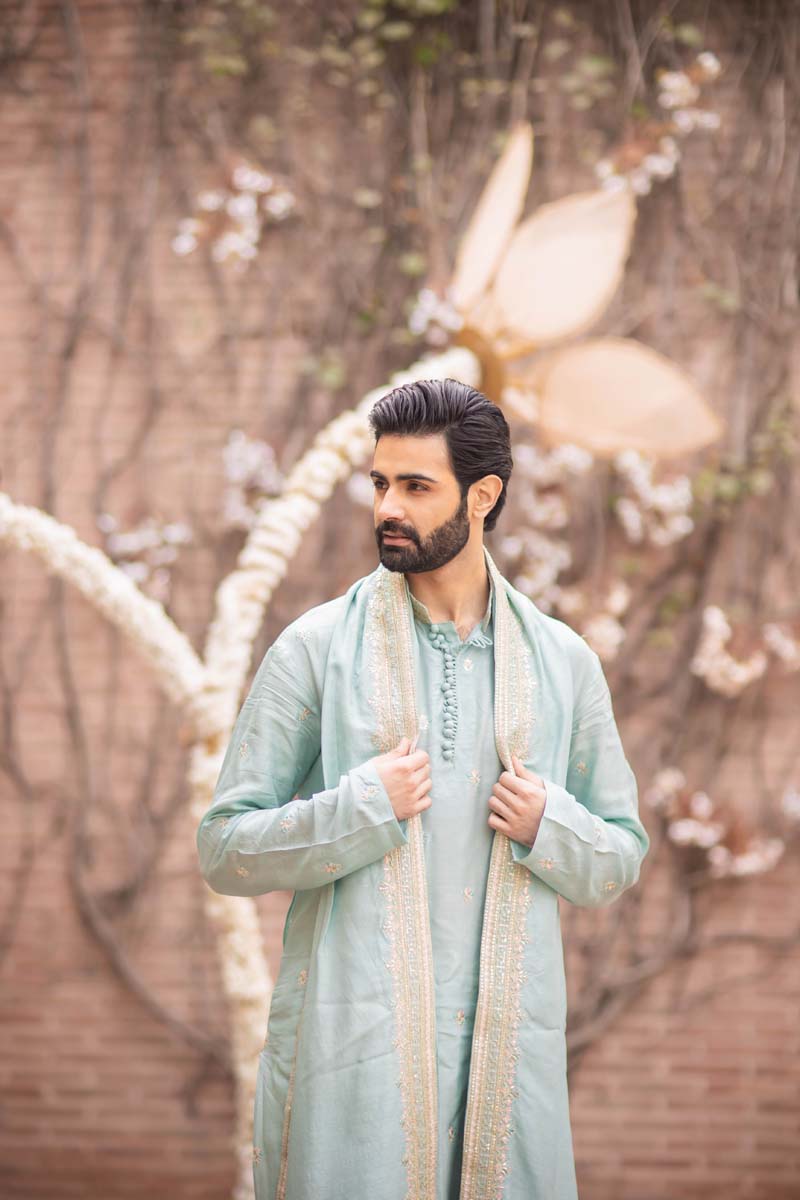 Ice Blue Embroidered Raw Silk Kurta Set (3-Piece) - Image 3