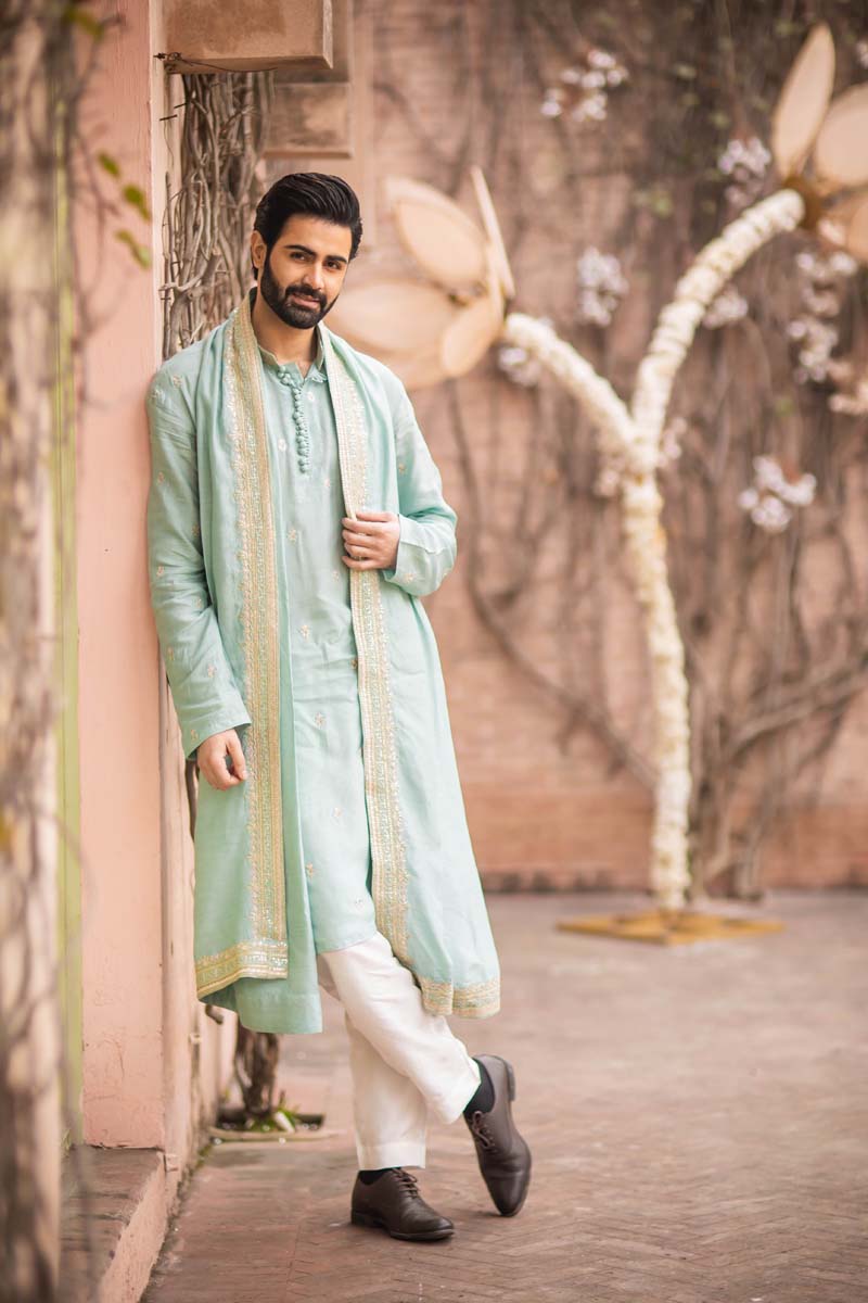 Ice Blue Embroidered Raw Silk Kurta Set (3-Piece) - Image 4