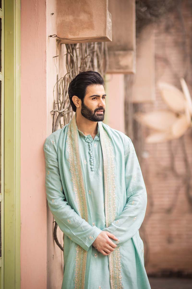 Ice Blue Embroidered Raw Silk Kurta Set (3-Piece) - Image 5