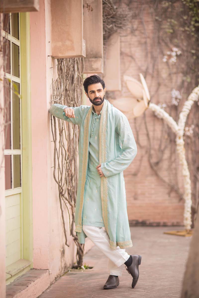 Ice Blue Embroidered Raw Silk Kurta Set (3-Piece) - Image 6