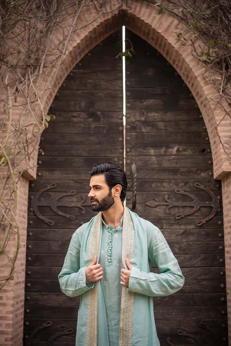 Ice Blue Embroidered Raw Silk Kurta Set (3-Piece) - Image 8