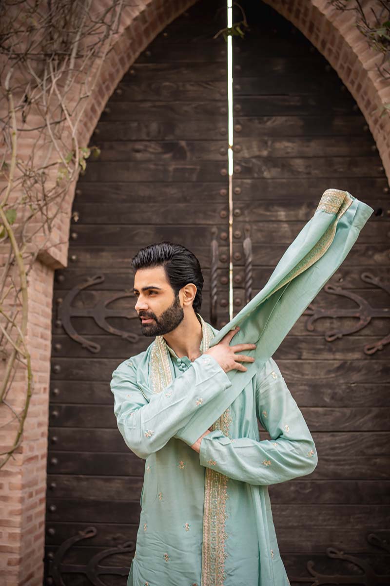 Ice Blue Embroidered Raw Silk Kurta Set (3-Piece) - Image 9