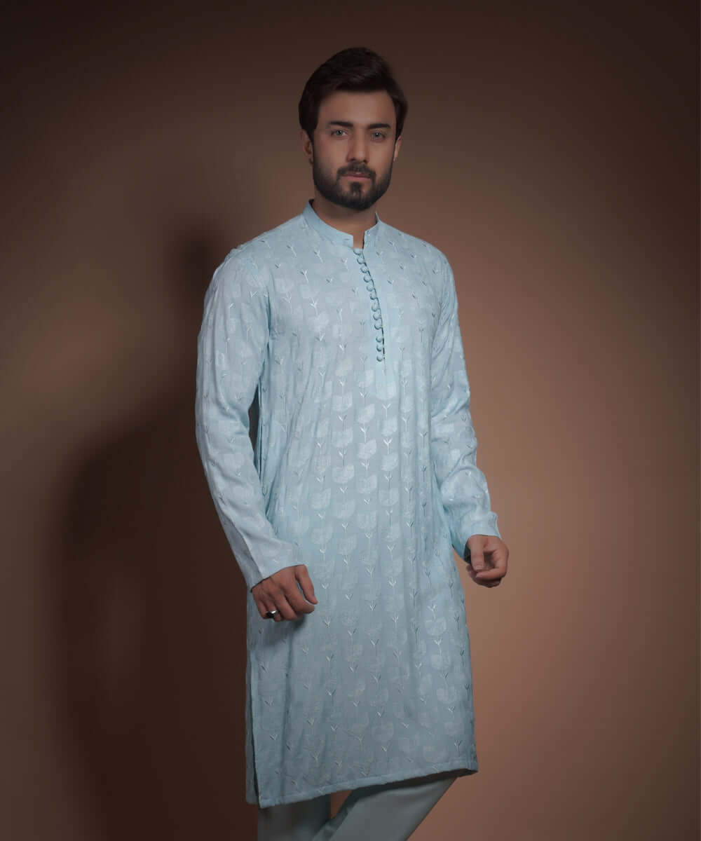 Powder Blue Floral Embroidered Raw Silk Kurta (2-Piece) - Image 1