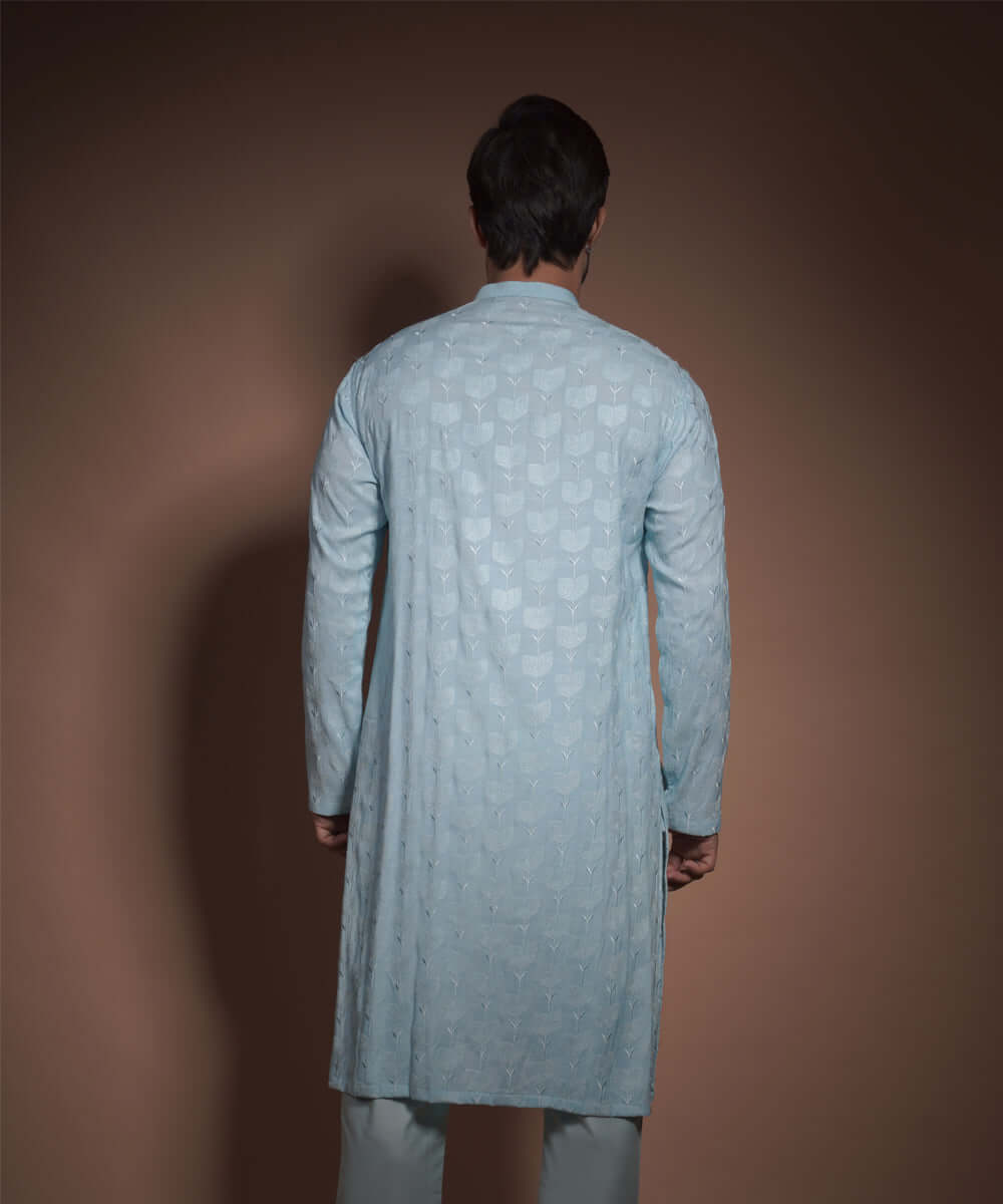 Powder Blue Floral Embroidered Raw Silk Kurta (2-Piece) - Image 2