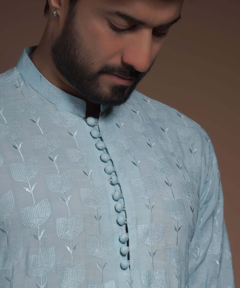 Powder Blue Floral Embroidered Raw Silk Kurta (2-Piece) - Image 3