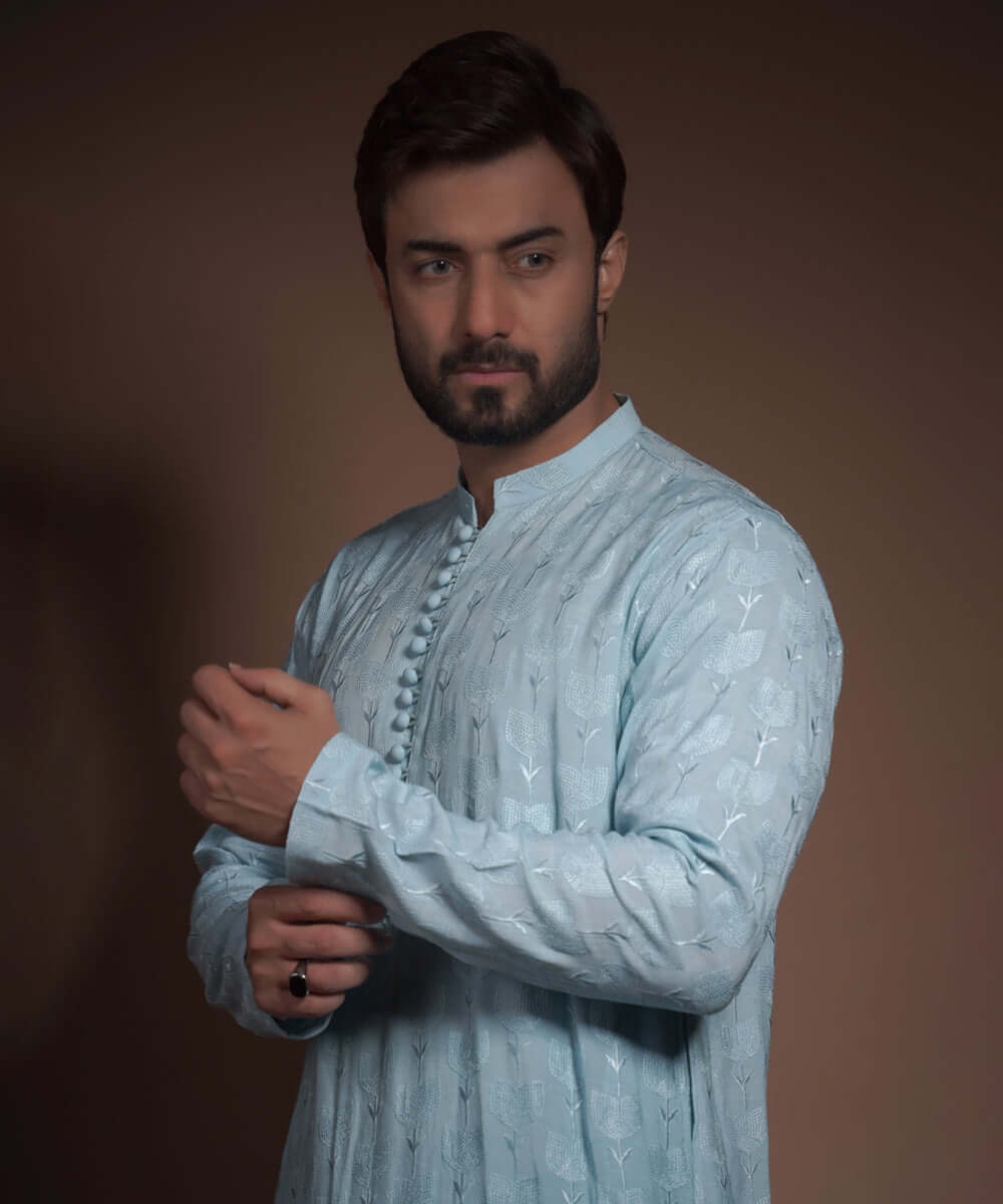 Powder Blue Floral Embroidered Raw Silk Kurta (2-Piece) - Image 4