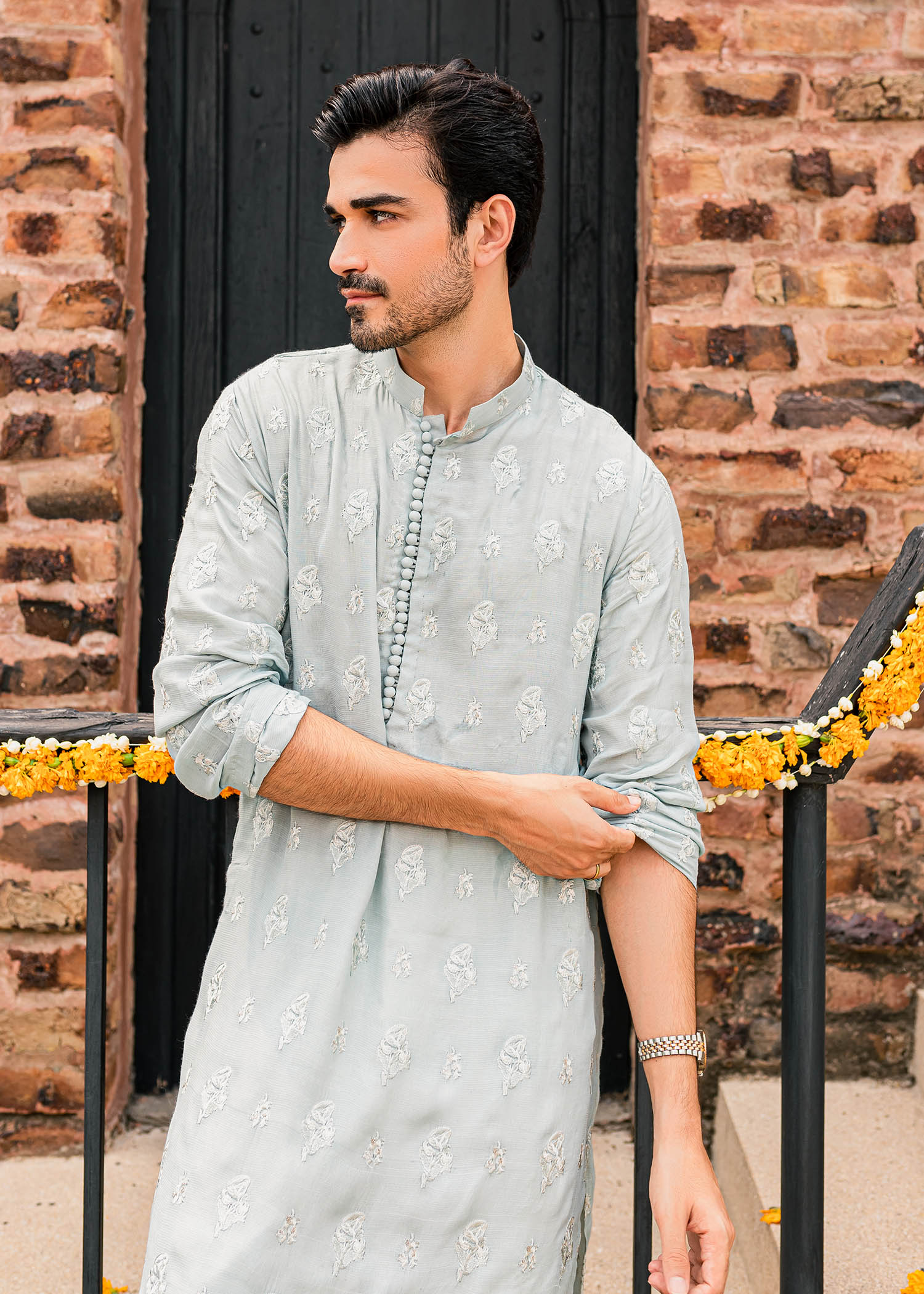 Ice Blue Silver Tilla Raw Silk Kurta (2-Piece) - Image 3
