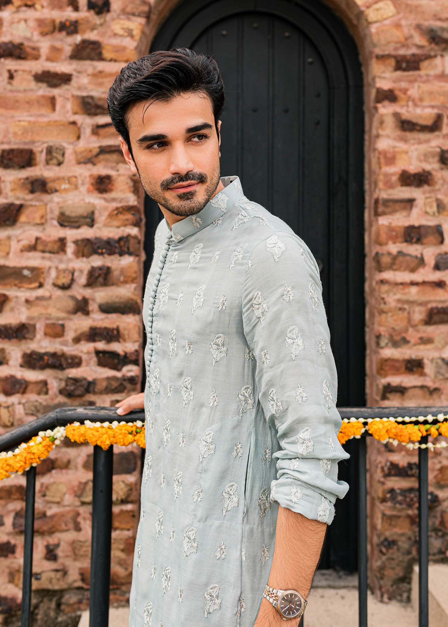 Ice Blue Silver Tilla Raw Silk Kurta (2-Piece) - Image 4