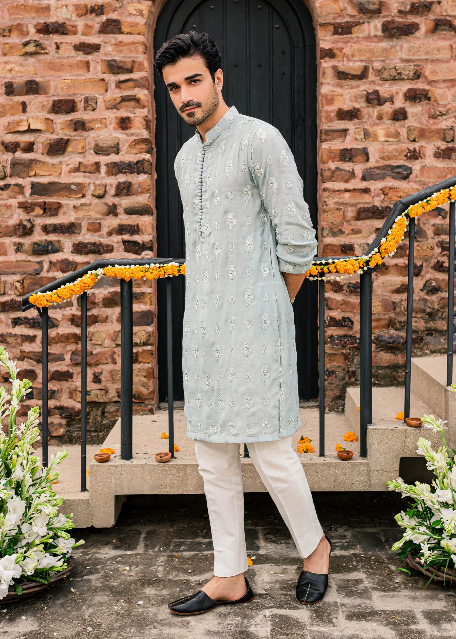Ice Blue Silver Tilla Raw Silk Kurta (2-Piece) - Image 5