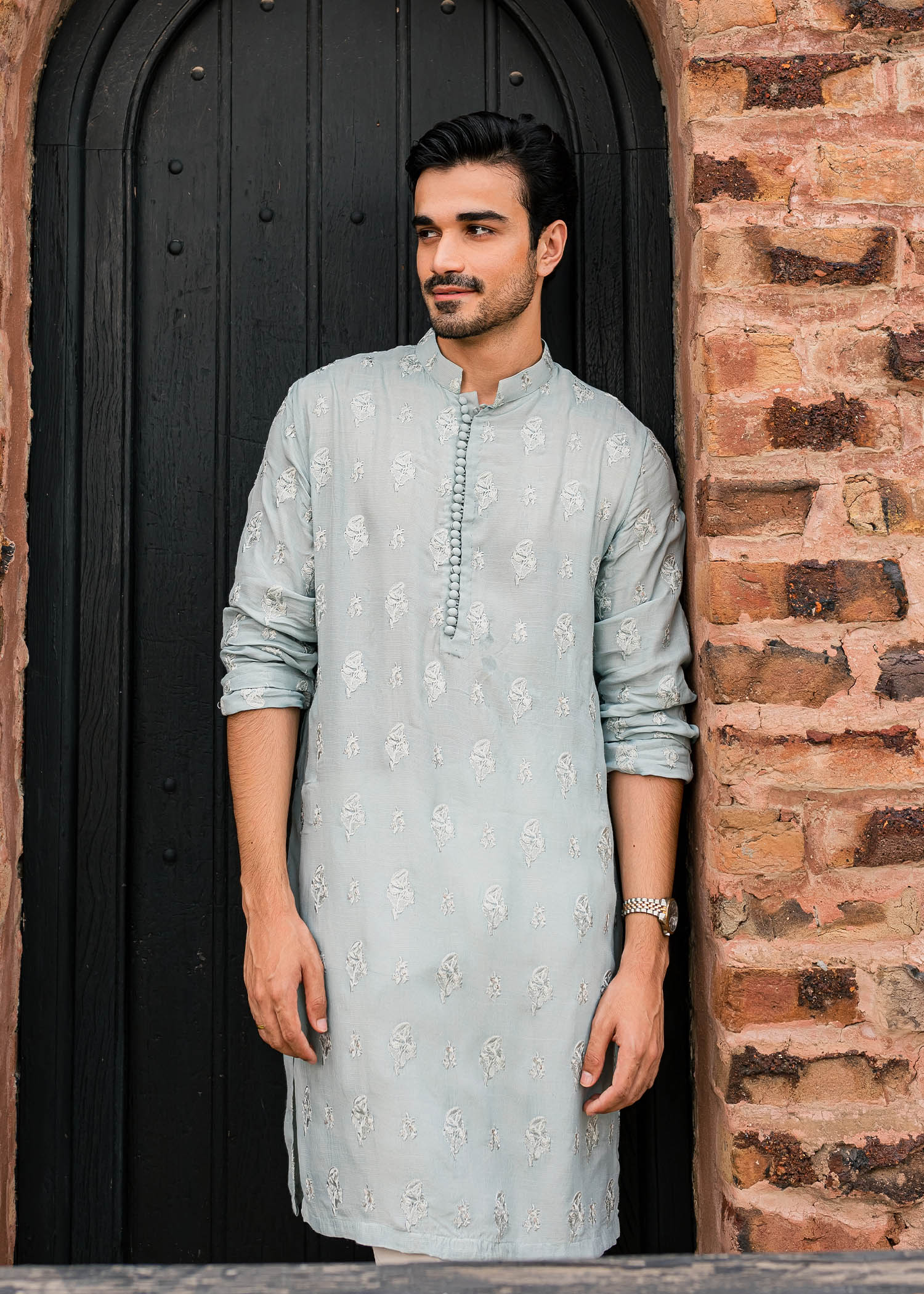 Ice Blue Silver Tilla Raw Silk Kurta (2-Piece) - Image 6