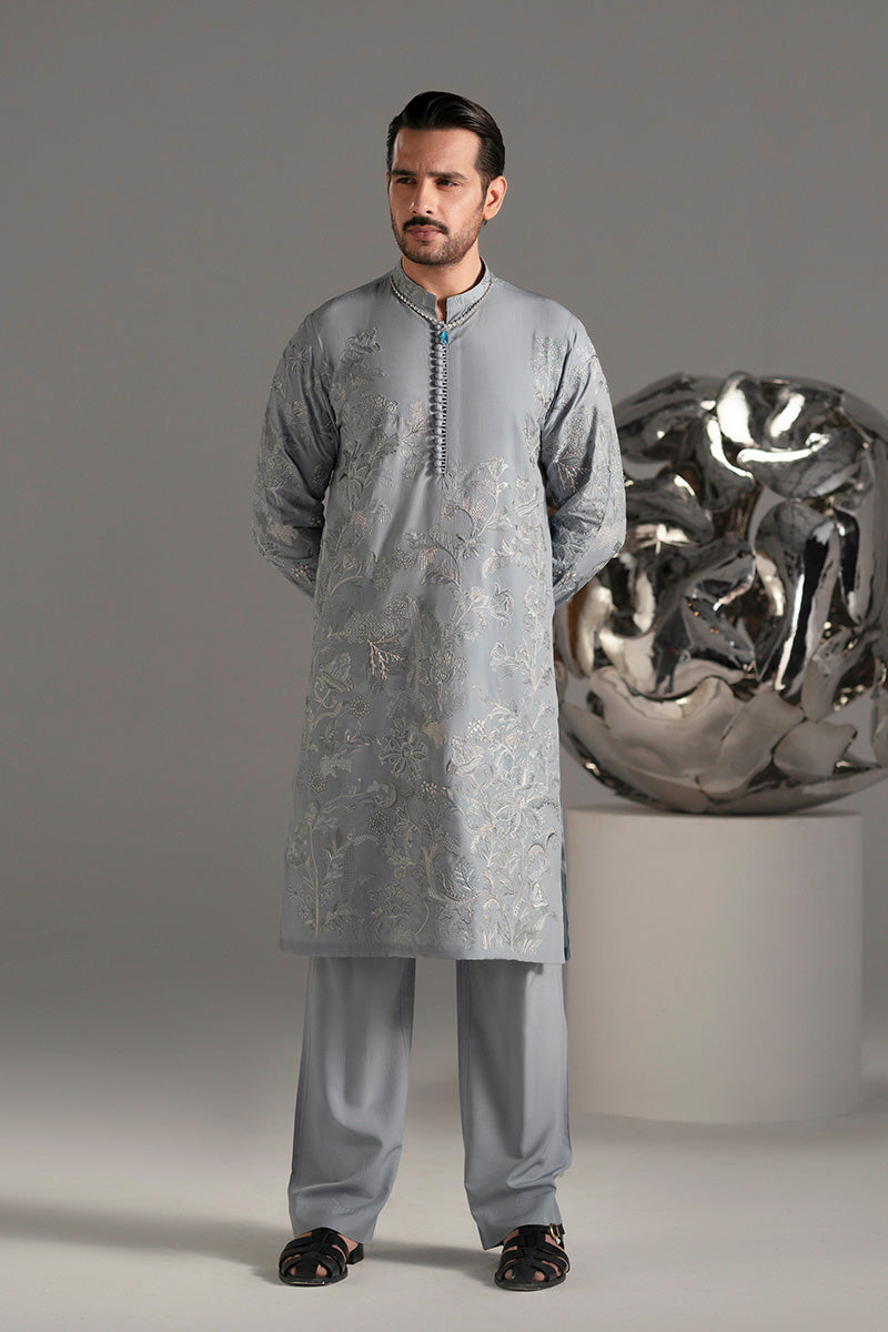 Ice Blue Resham Embroidered Silk-Blend Kurta Pajama (2-Piece) - Image 1