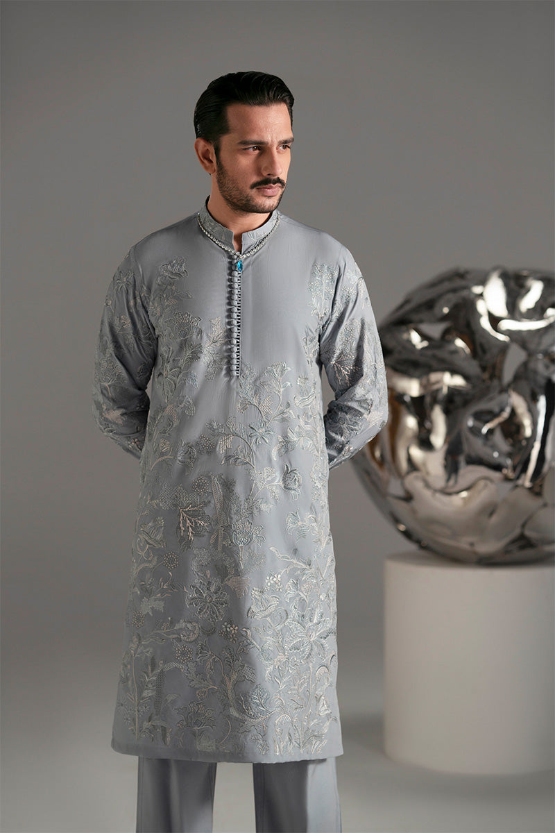 Ice Blue Resham Embroidered Silk-Blend Kurta Pajama (2-Piece) - Image 13