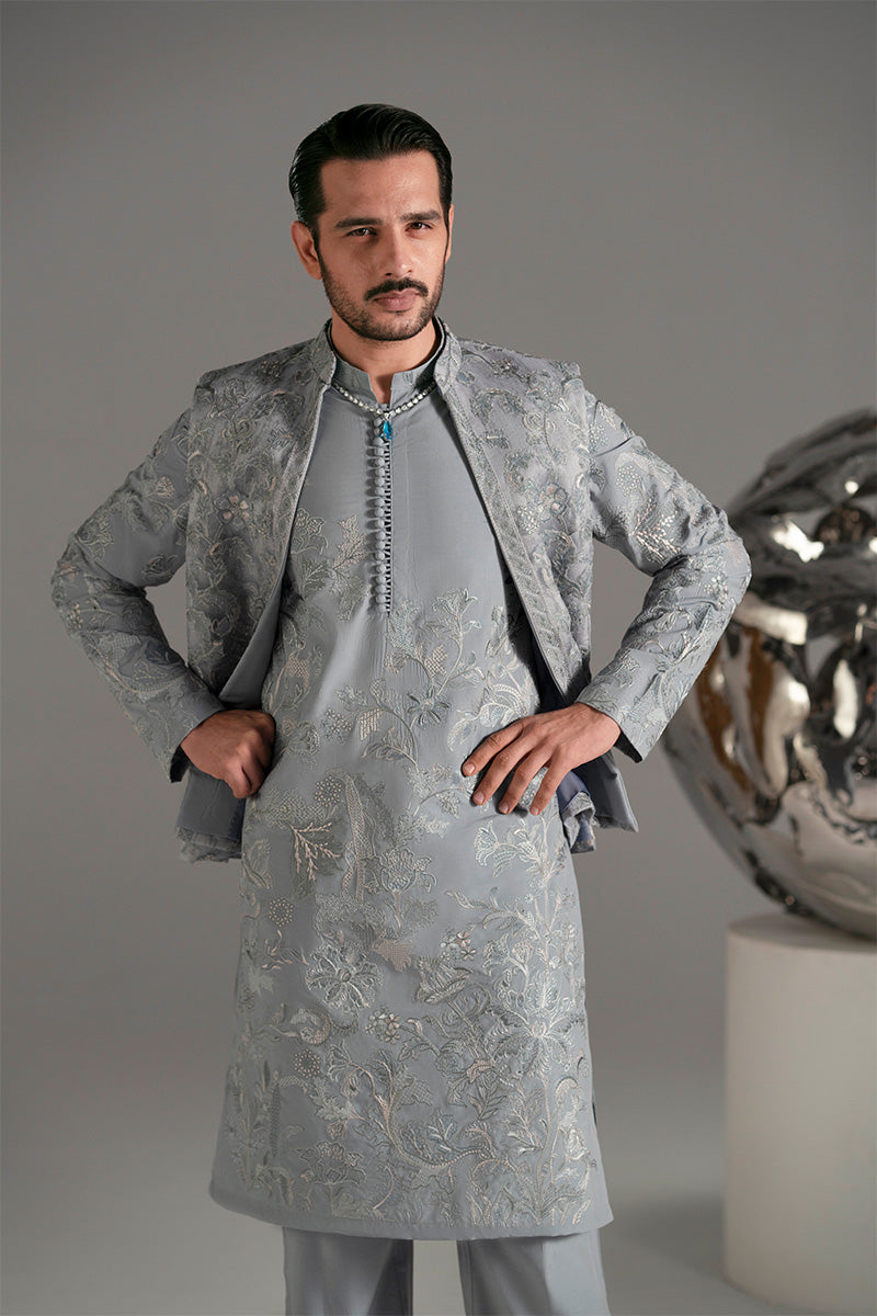 Ice Blue Resham Embroidered Silk-Blend Kurta Pajama (2-Piece) - Image 14