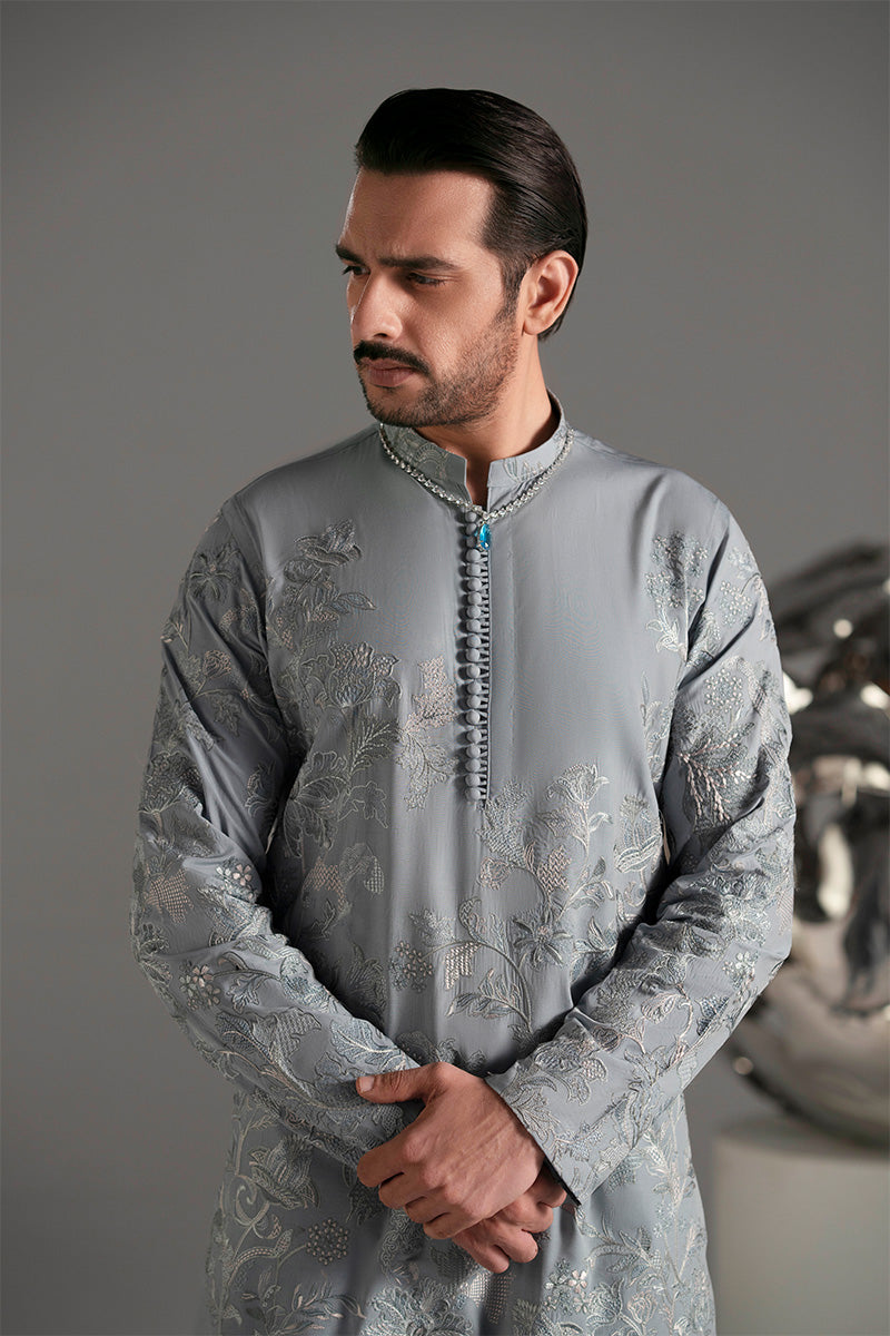 Ice Blue Resham Embroidered Silk-Blend Kurta Pajama (2-Piece) - Image 3
