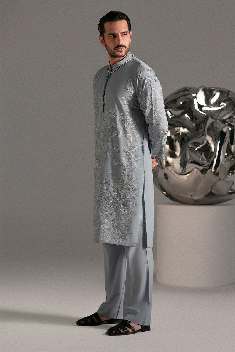 Ice Blue Resham Embroidered Silk-Blend Kurta Pajama (2-Piece) - Image 5