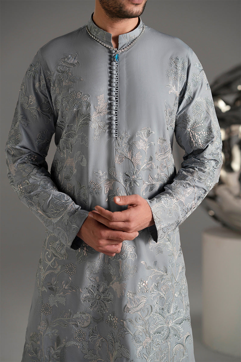 Ice Blue Resham Embroidered Silk-Blend Kurta Pajama (2-Piece) - Image 6