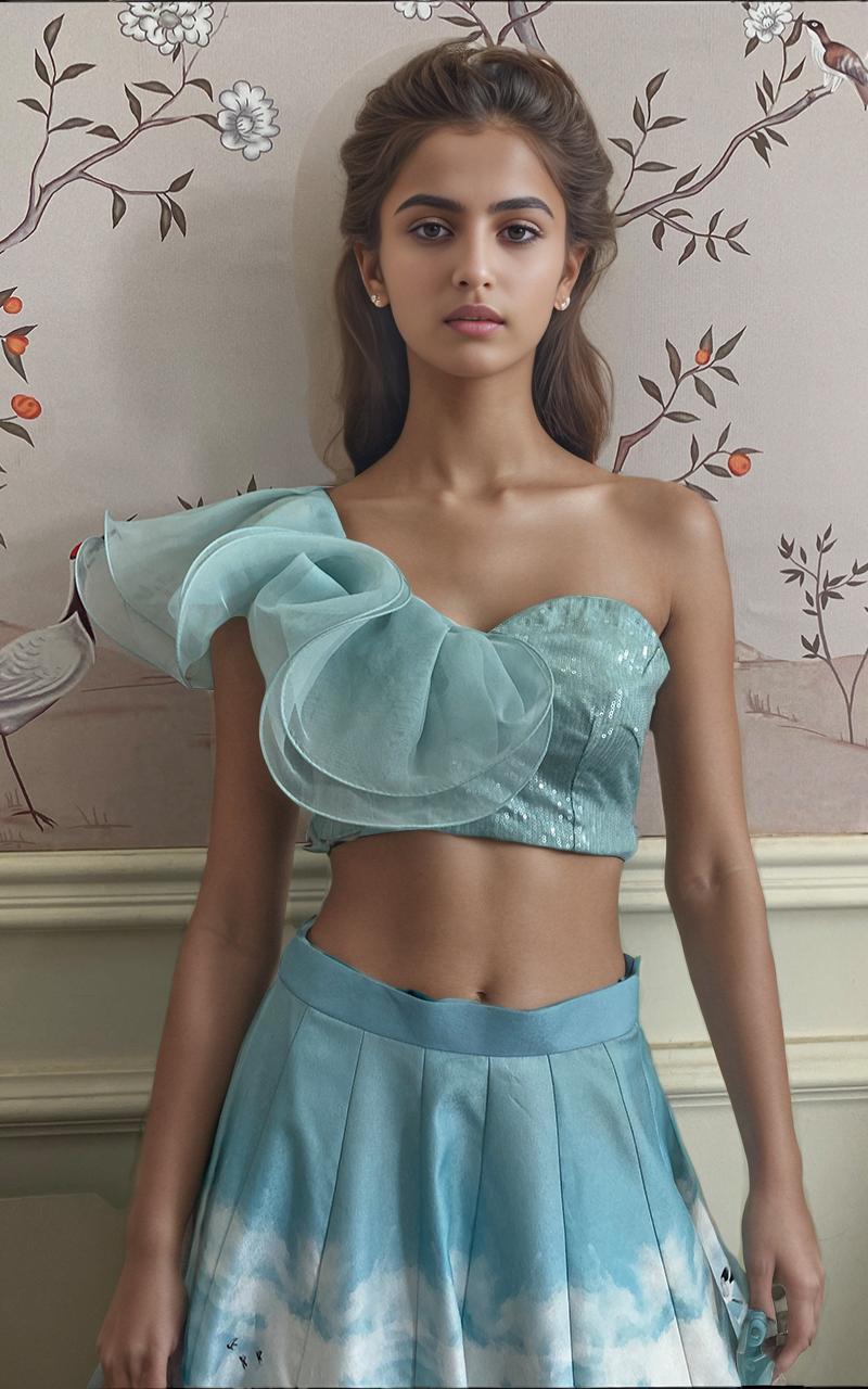 Aqua Sequin Banarasi Lehenga Set (3-Piece) - Image 1