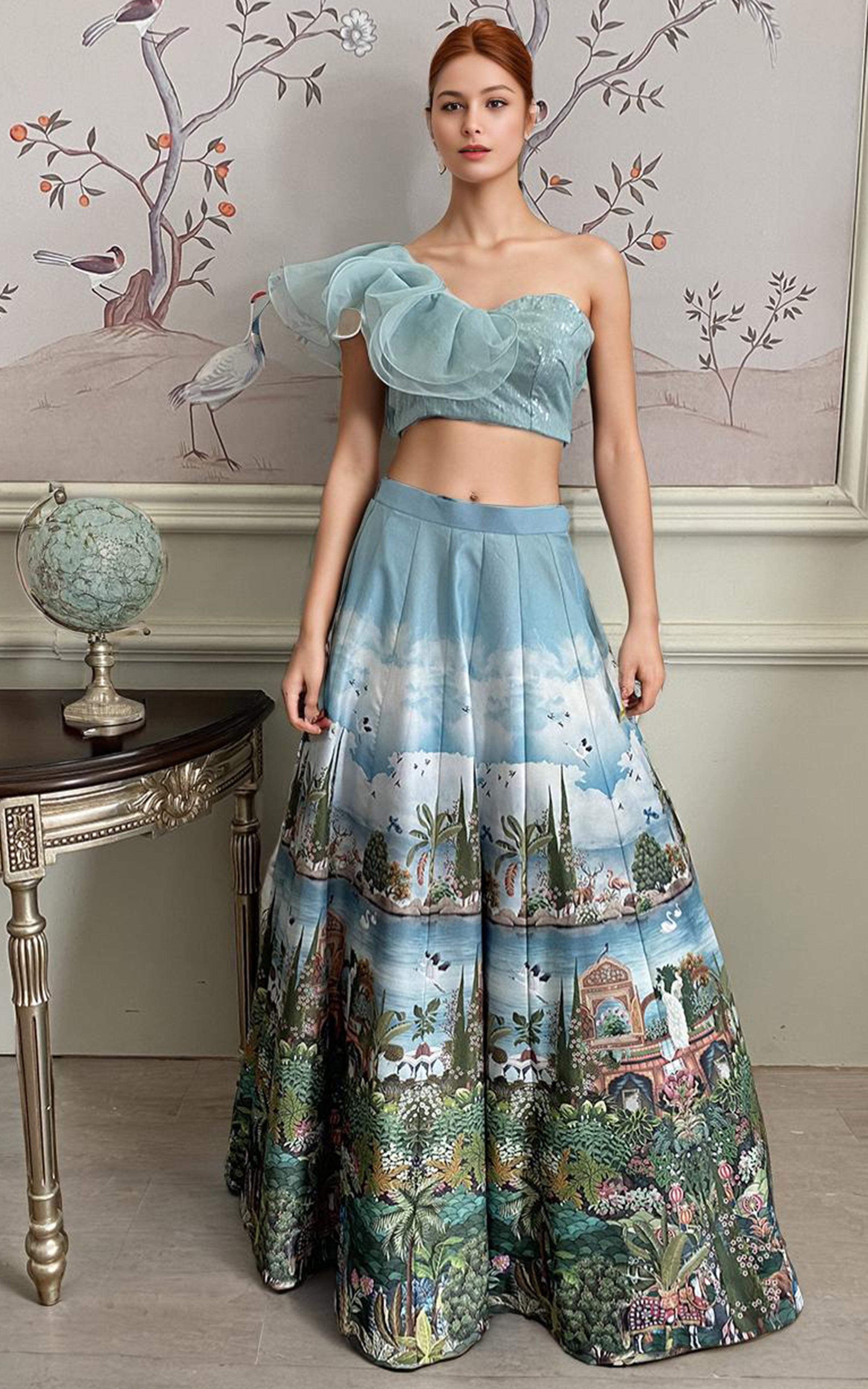 Aqua Sequin Banarasi Lehenga Set (3-Piece) - Image 2
