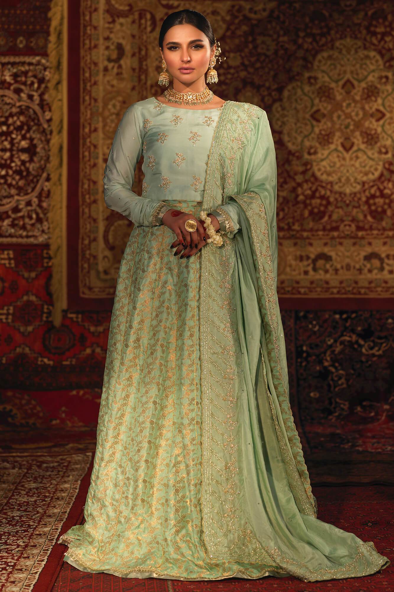 Pakistani Ice Blue Hand-Embellished Raw Silk & Banarsi Lehenga Choli (3-Piece) - Image 2