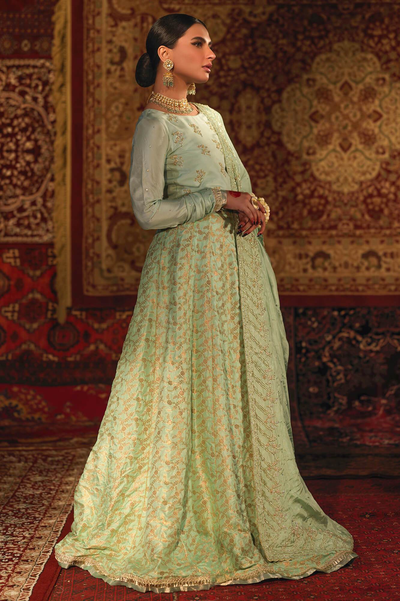 Pakistani Ice Blue Hand-Embellished Raw Silk & Banarsi Lehenga Choli (3-Piece) - Image 5