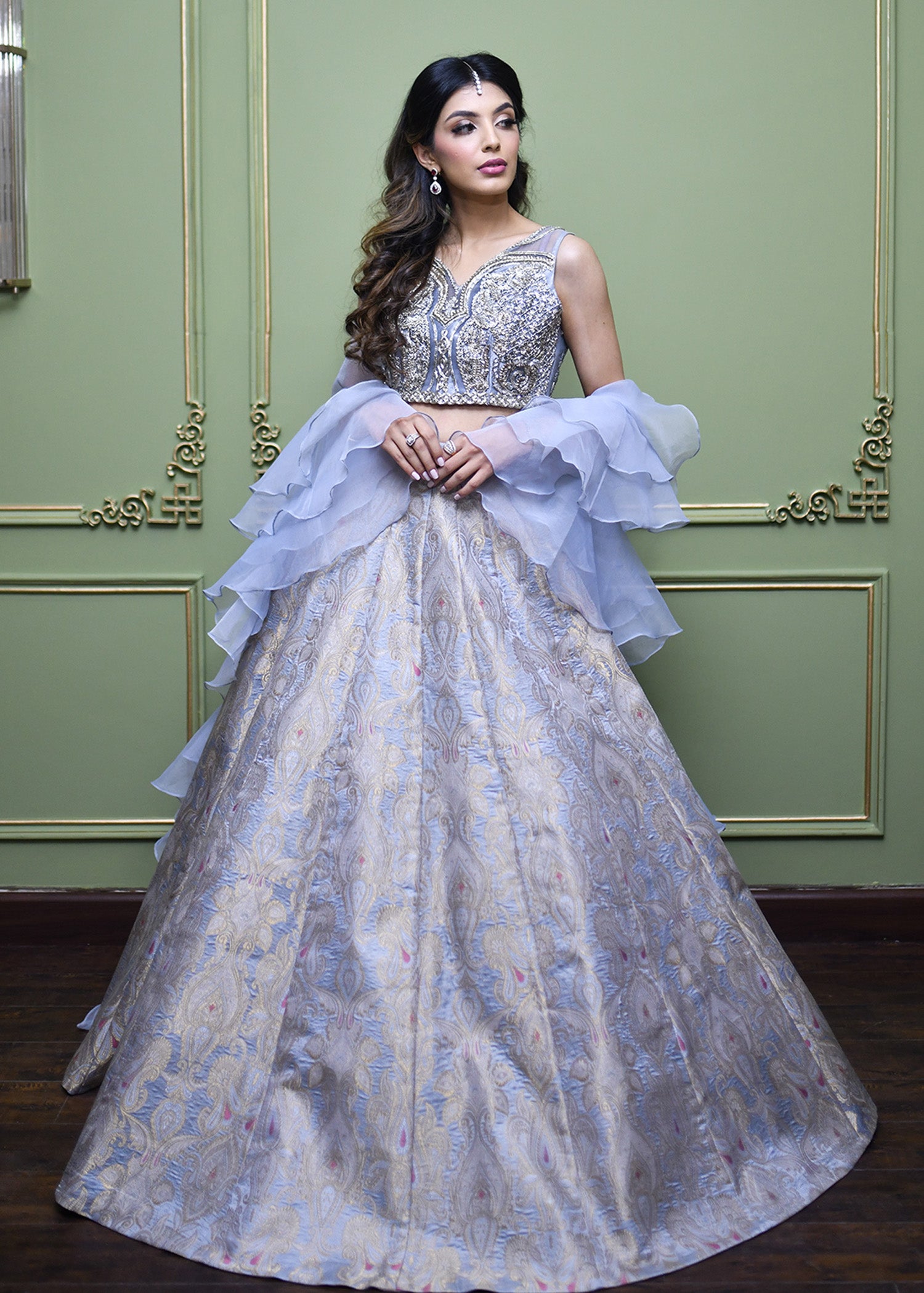 Ice Blue Hand-Embellished Brocade Lehenga Choli (3-Piece) - Image 2