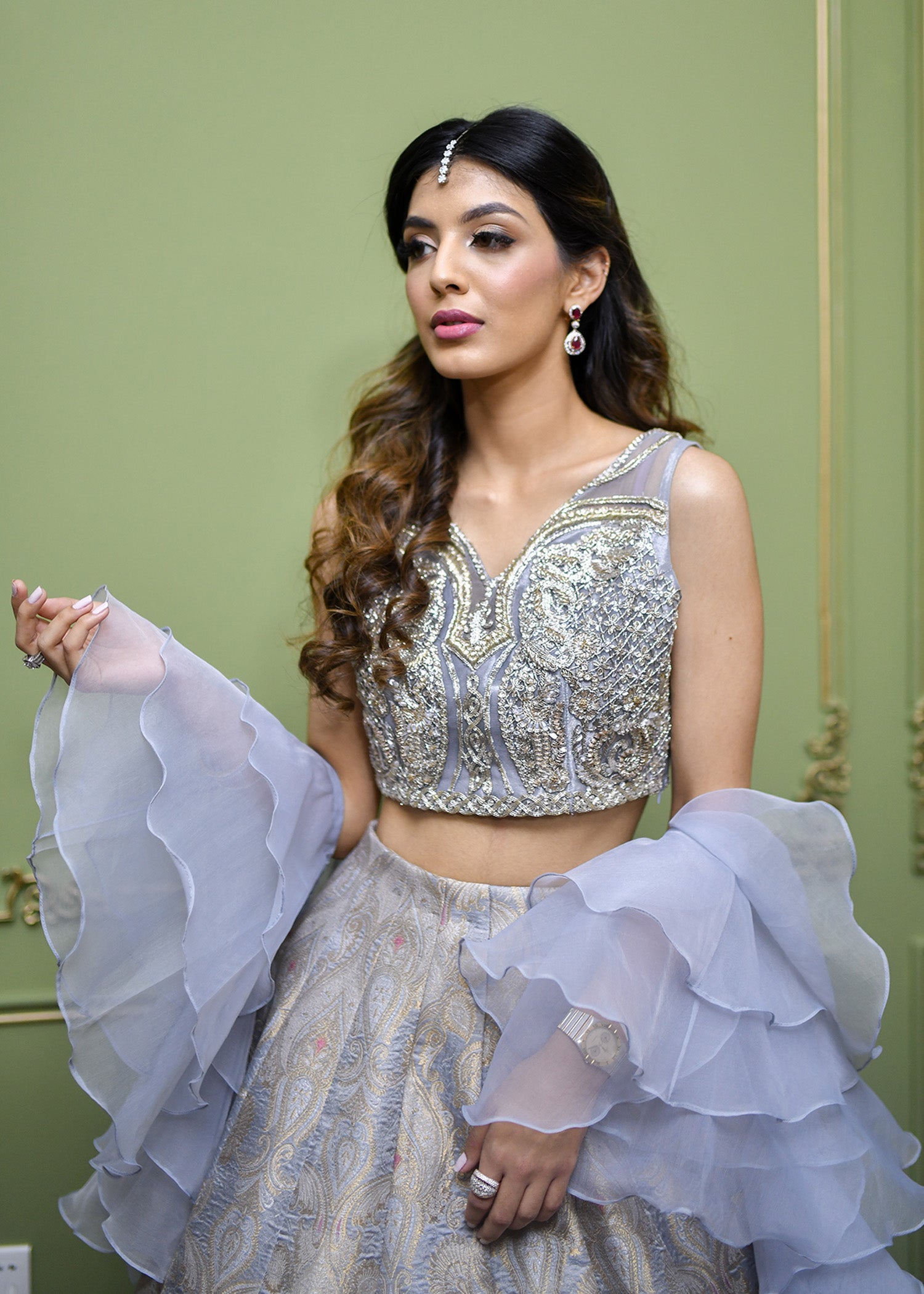 Ice Blue Hand-Embellished Brocade Lehenga Choli (3-Piece) - Image 3
