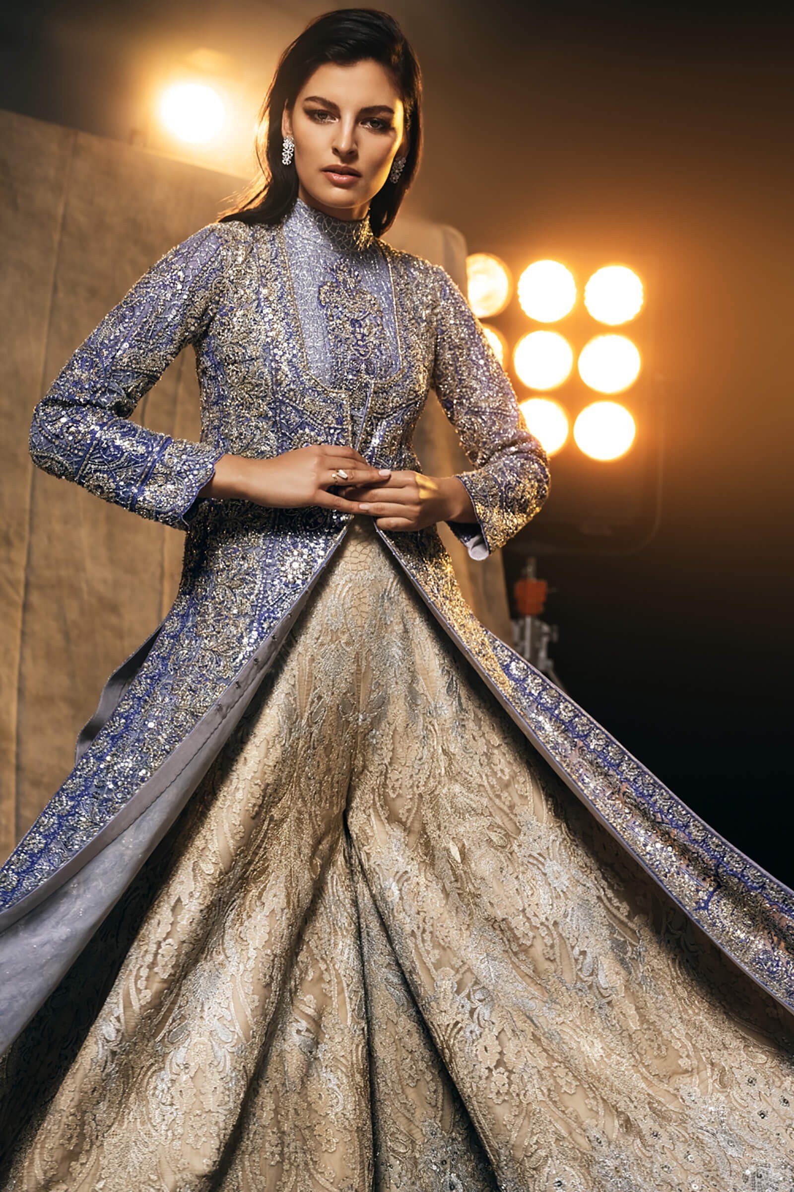 Pakistani Midnight Blue Embellished Jacket & Brocade Lehenga (2-Piece) - Image 1
