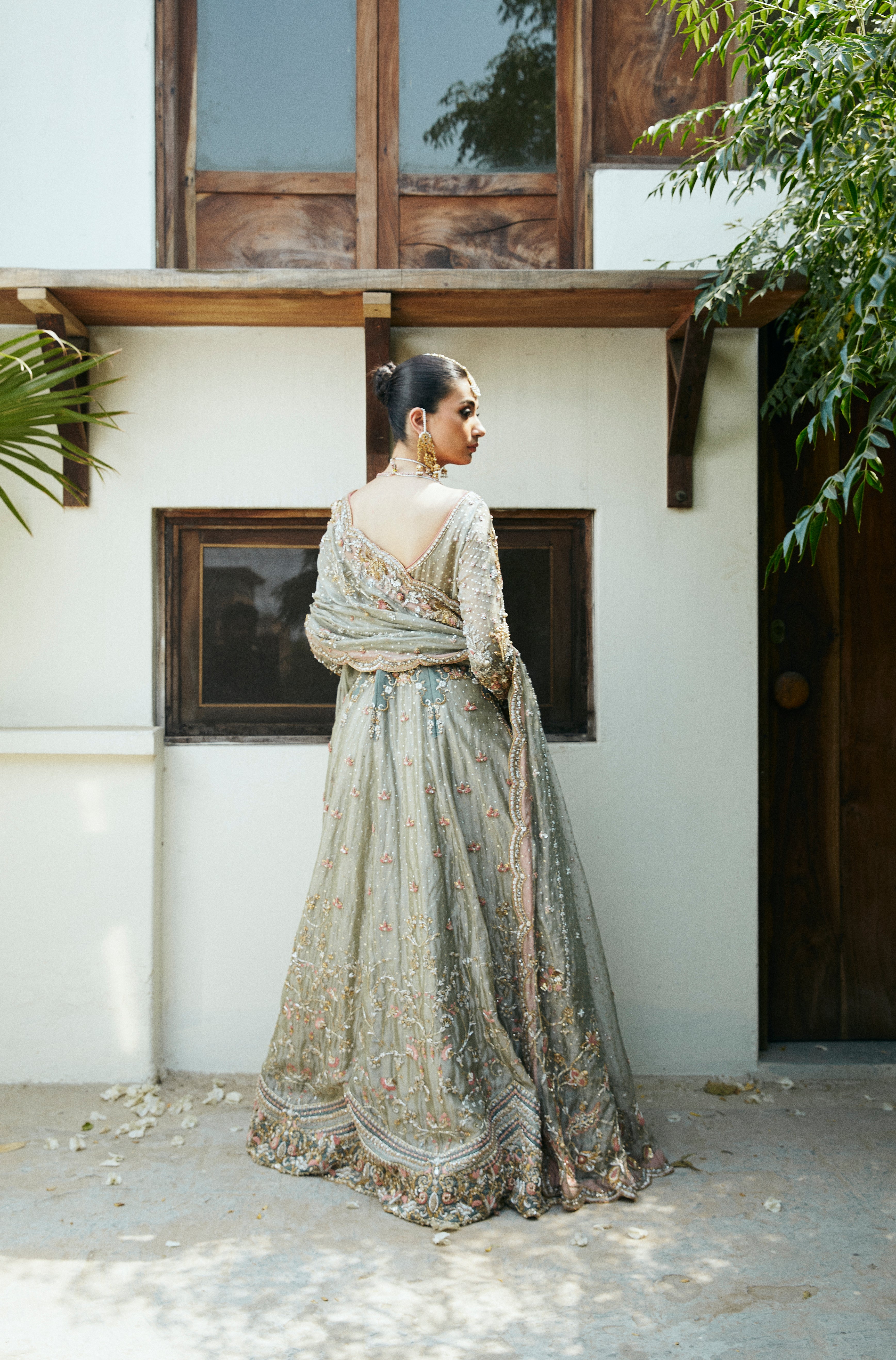 Pakistani Muted Blue Embroidered Brocade Kalidar Lehenga (3-Piece) - Image 2
