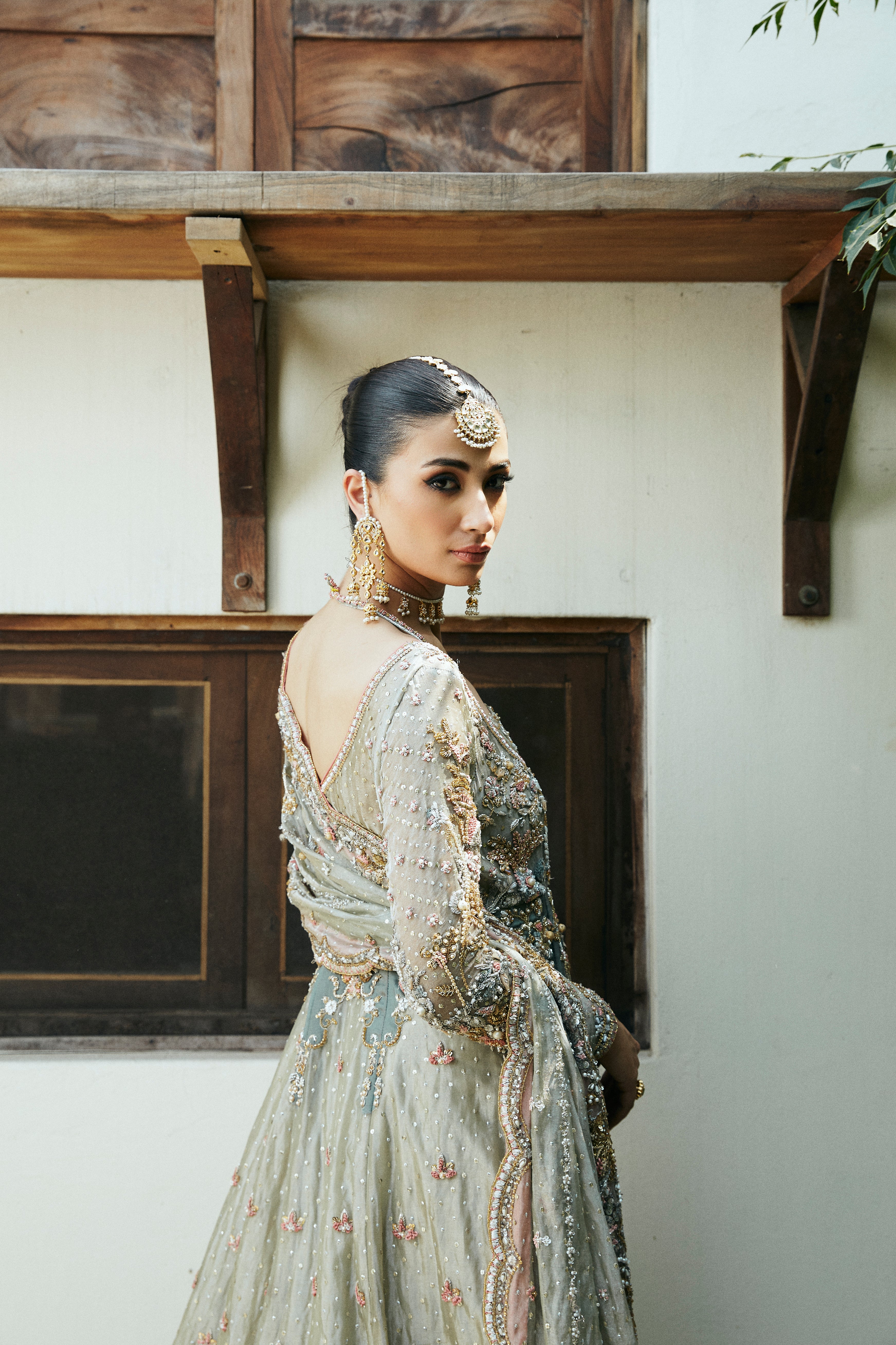 Pakistani Muted Blue Embroidered Brocade Kalidar Lehenga (3-Piece) - Image 3